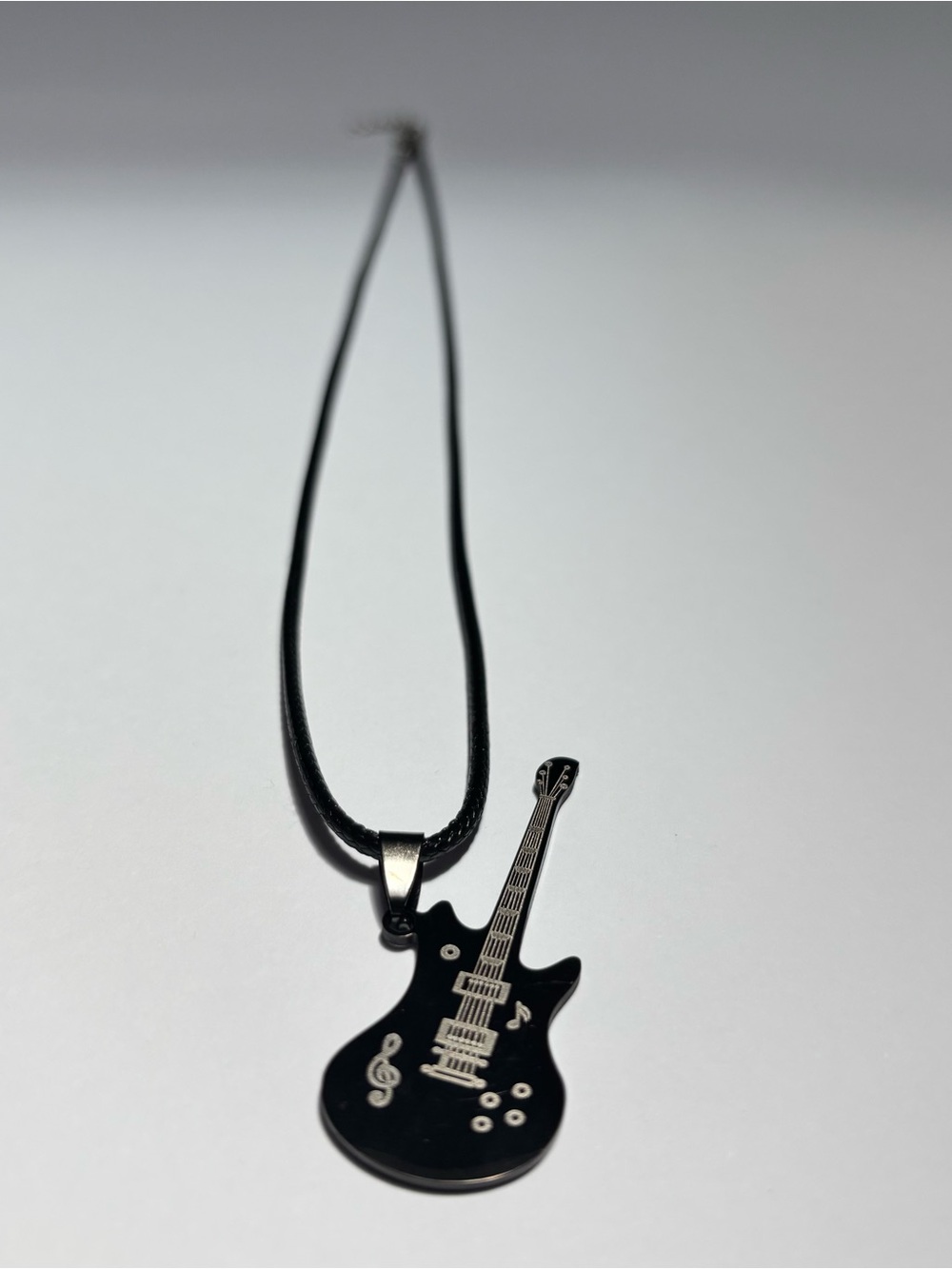 Black Guitar Pendant Necklace w/ Black Cord 20” w/ 2”Extender Necklace UniSex